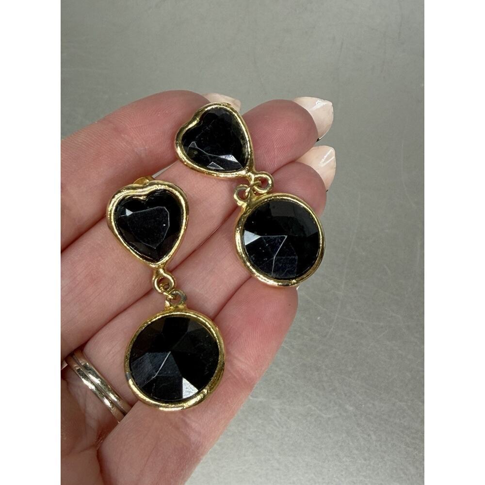 Vintage Heart Dangle Earrings Gold Tone with Black Hollywood Glam